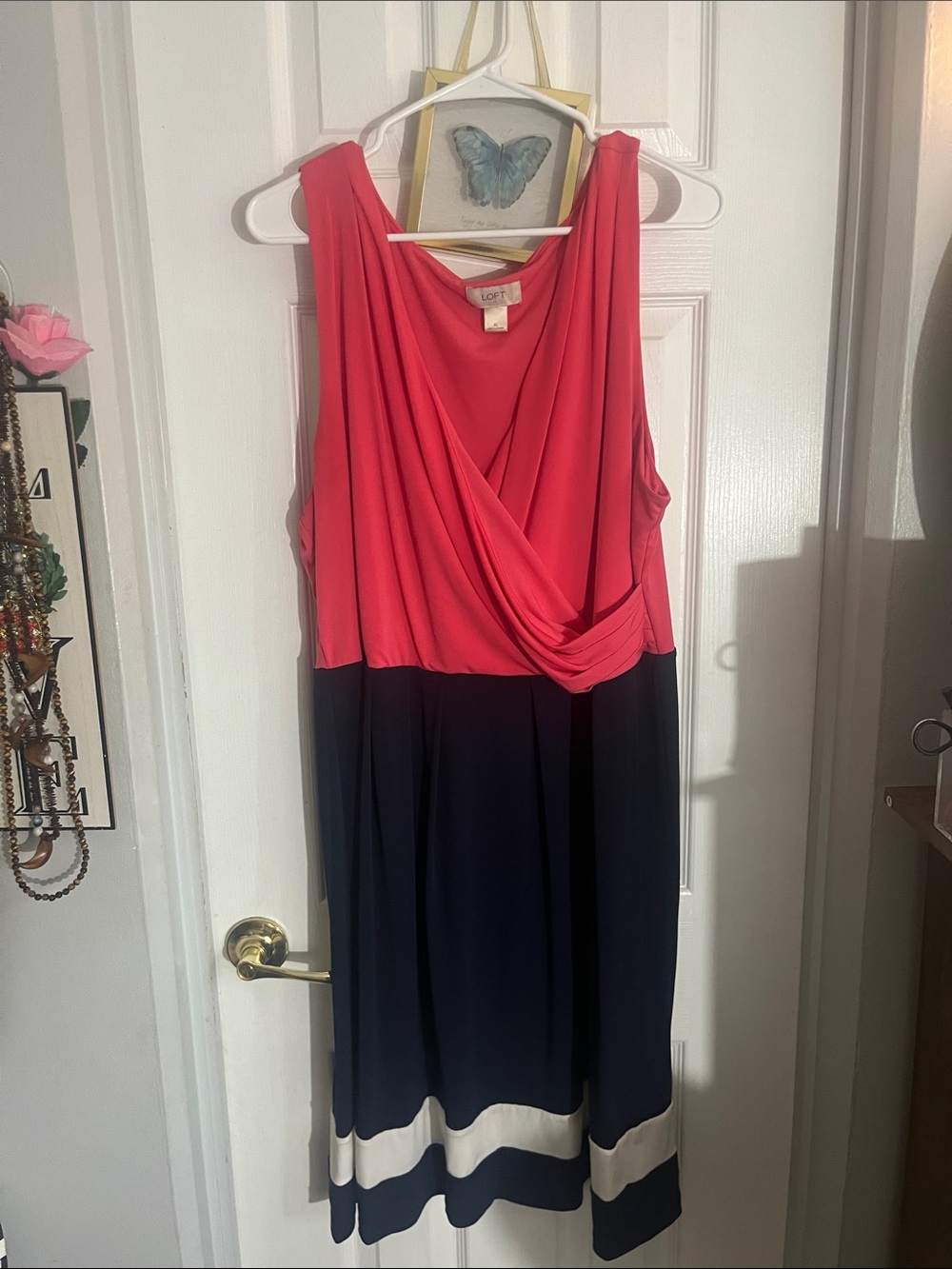 LOFT Coral and Navy Blocked Sleeveless Midi Dress with Cream Trim